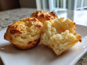 Close-up of three golden-brown cream cheese sausage balls, one broken open showing the moist interior.