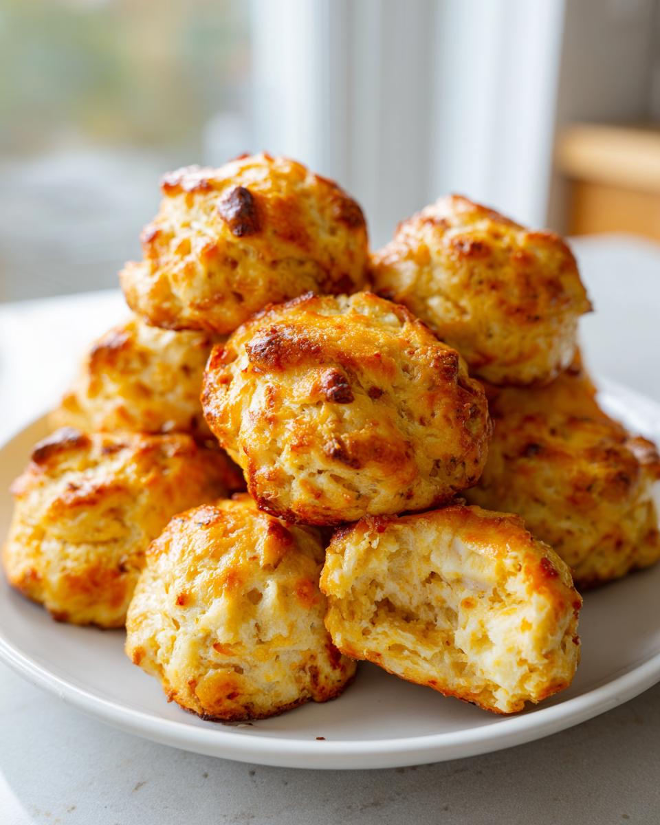 A stack of golden-brown, baked cream cheese sausage balls, one broken open to show the moist interior.
