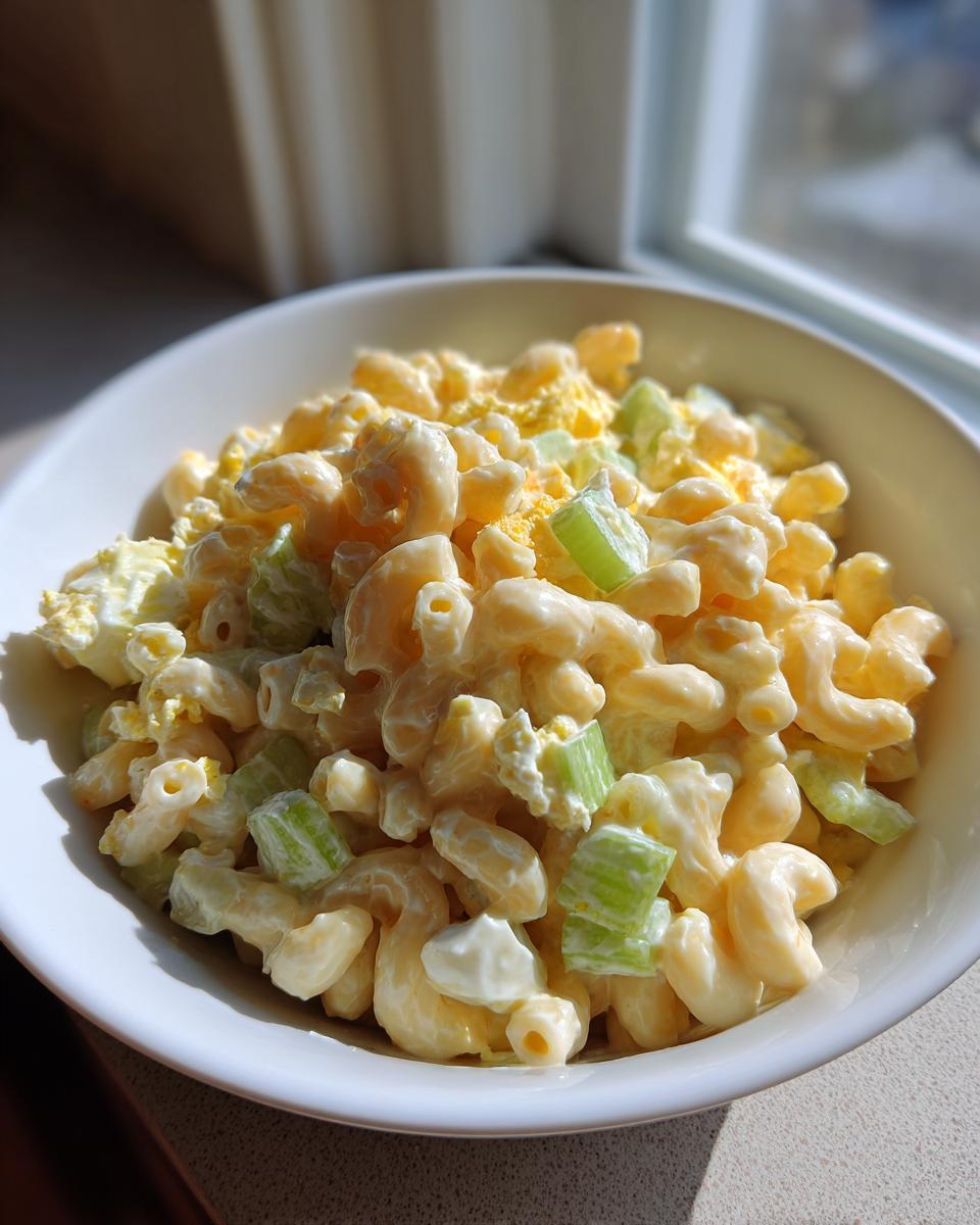 Close-up of creamy amish macaroni salad with elbow pasta, chopped celery, and egg in a white bowl.