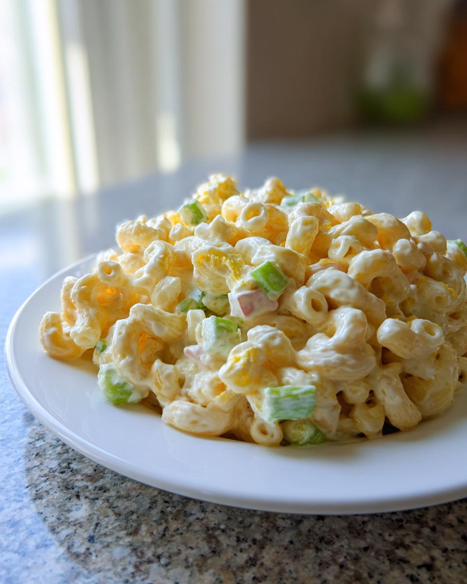 A close-up of creamy Amish macaroni salad featuring elbow pasta, celery, and a sweet dressing, served on a white plate.