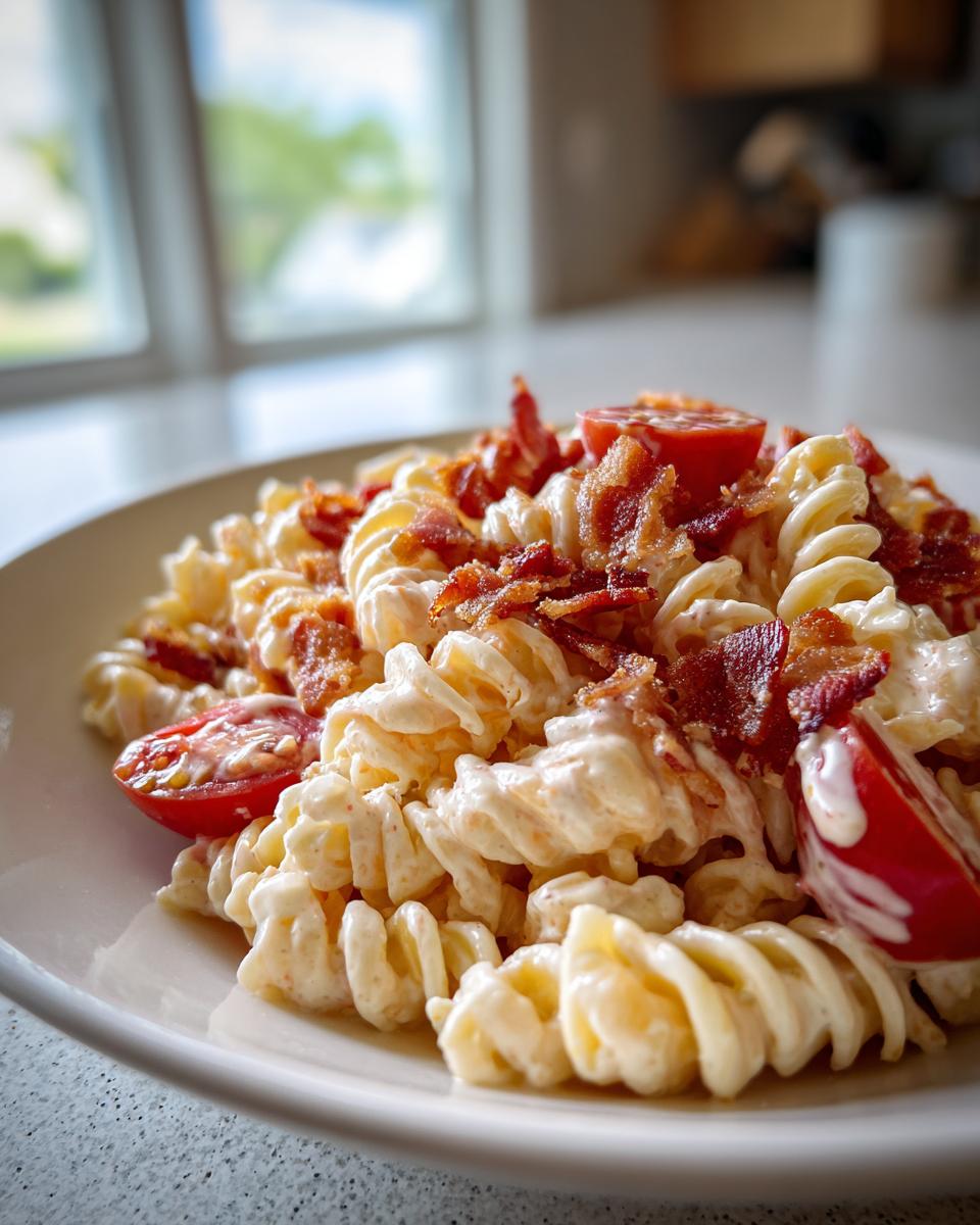 Close-up of creamy blt pasta salad featuring rotini pasta, crispy bacon bits, and halved cherry tomatoes.