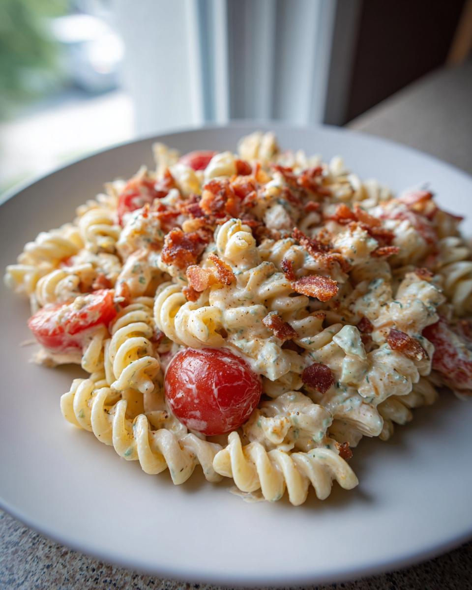 Close-up of creamy blt pasta salad featuring rotini pasta, cherry tomatoes, and crispy bacon crumbles.