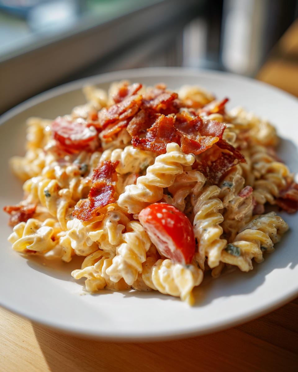 Close-up of creamy blt pasta salad featuring rotini pasta, bacon bits, and a cherry tomato half.