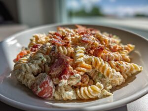 Close-up of creamy blt pasta salad featuring rotini pasta, tomatoes, and crispy bacon crumbles in a white bowl.