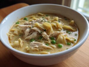 Close-up of a white bowl filled with creamy chicken noodle soup, featuring shredded chicken, egg noodles, and bright green peas.