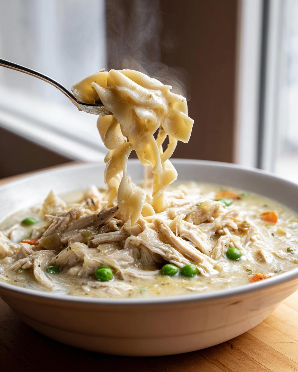 A spoonful of steaming egg noodles is lifted from a bowl of creamy chicken noodle soup filled with shredded chicken and peas.