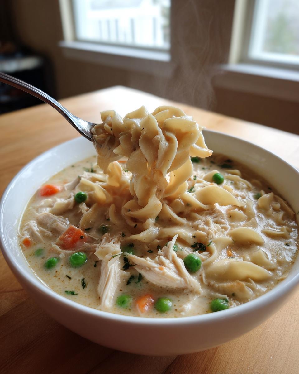 A fork lifts steaming egg noodles and shredded chicken from a bowl of creamy chicken noodle soup with peas and carrots.