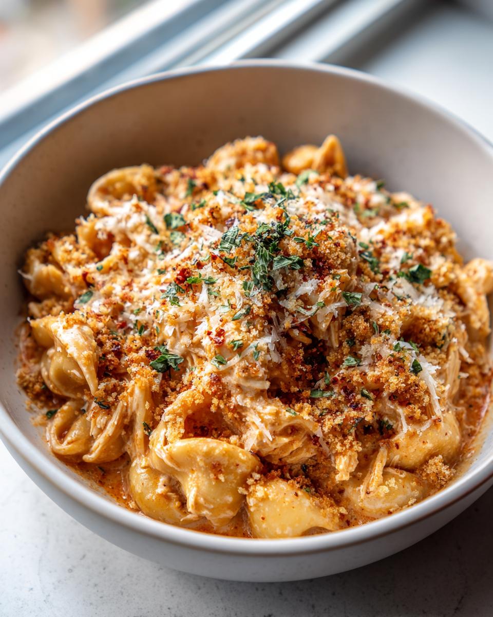 A bowl of creamy chicken parmesan soup featuring pasta, shredded chicken, and a crunchy topping of breadcrumbs and cheese.