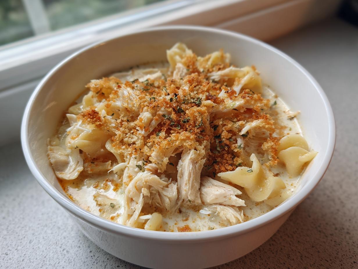 A close-up of a white bowl filled with creamy chicken parmesan soup, egg noodles, shredded chicken, and toasted breadcrumbs.