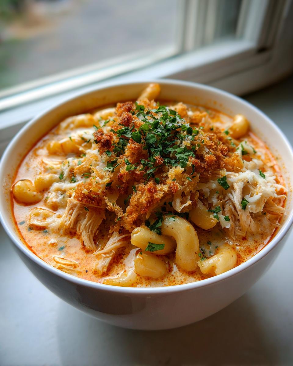 A bowl of creamy chicken parmesan soup featuring macaroni pasta, shredded chicken, and a crunchy breadcrumb topping.