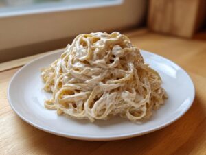 A generous serving of pasta coated in creamy cottage cheese alfredo sauce, piled high on a white plate.
