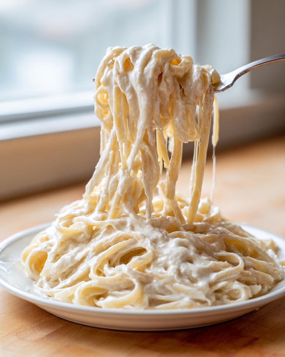 A fork lifts a large tangle of fettuccine coated in thick, creamy cottage cheese alfredo sauce from a white plate.