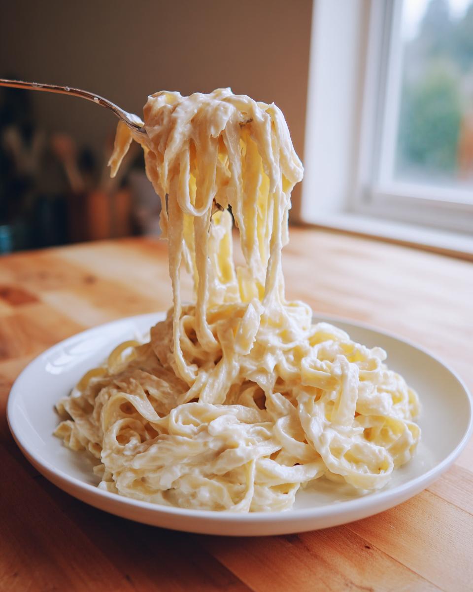 A fork lifting creamy fettuccine noodles coated in cottage cheese alfredo sauce from a white plate.
