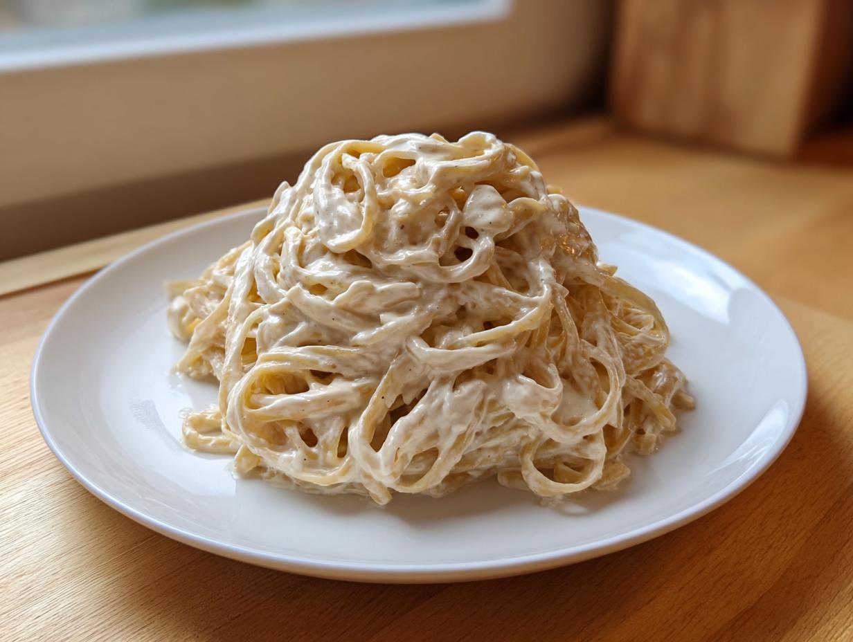 A generous serving of pasta coated in creamy cottage cheese alfredo sauce, piled high on a white plate.