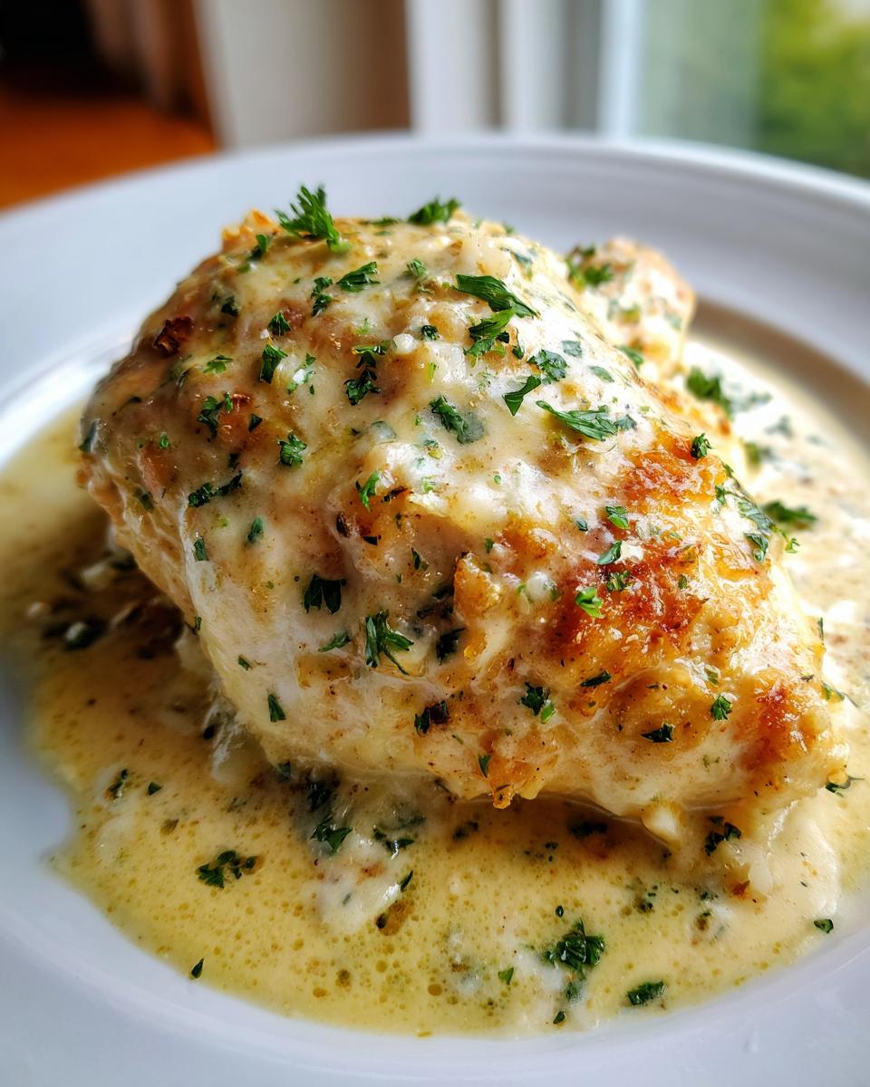Close-up of a juicy chicken breast smothered in rich, creamy garlic sauce and topped with fresh parsley.