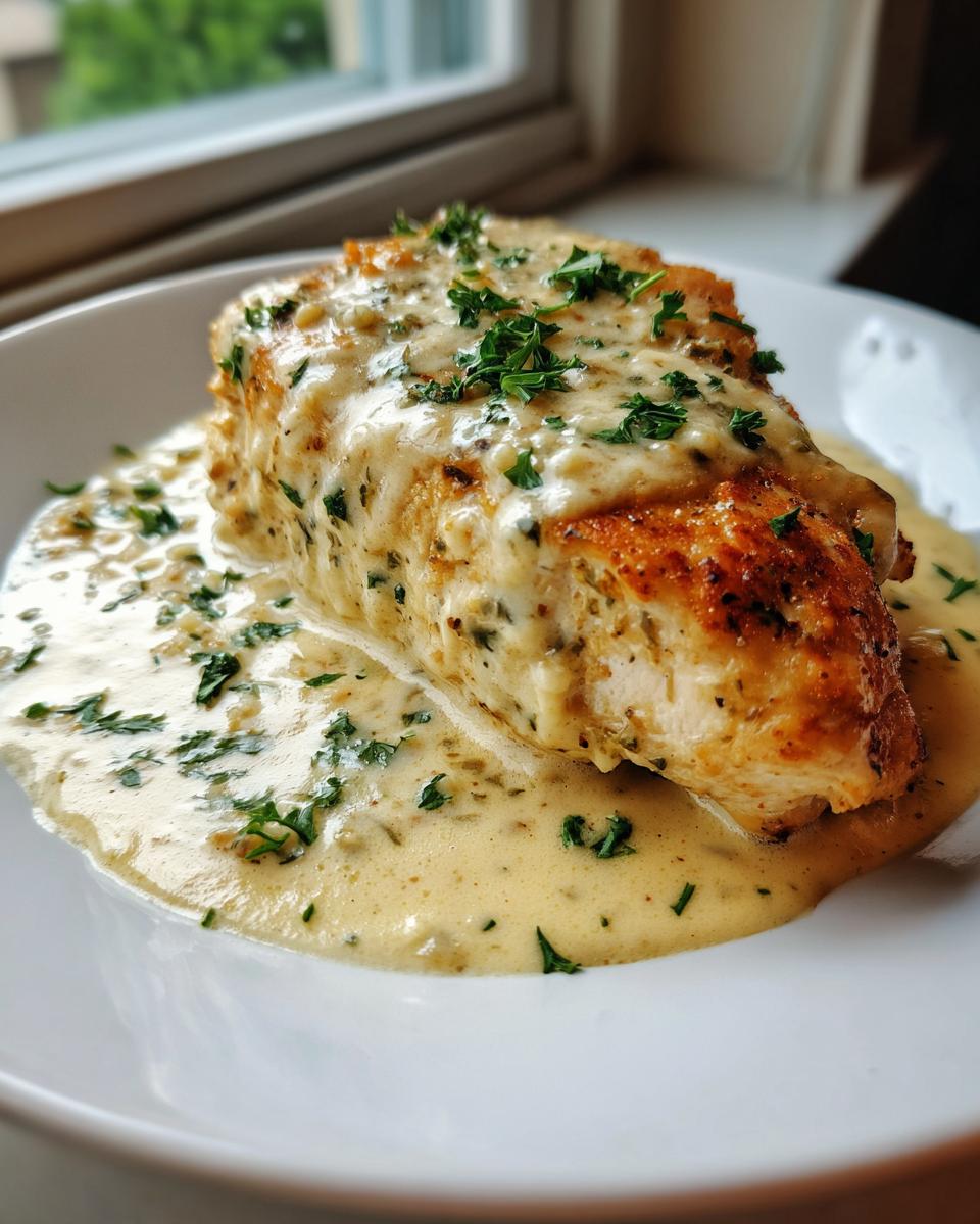 A golden-brown chicken breast smothered in rich, creamy garlic sauce and topped with fresh parsley.