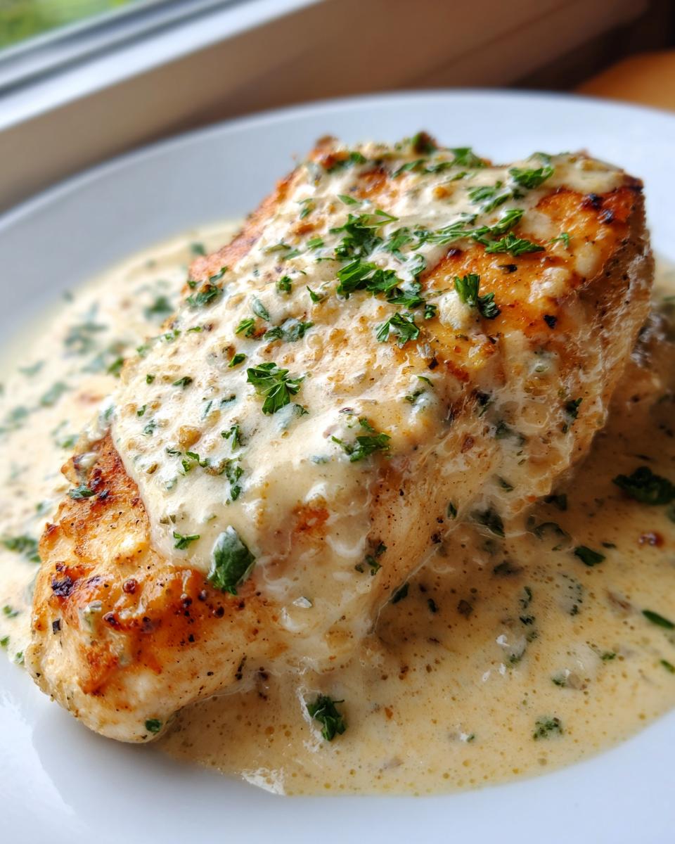 A perfectly seared chicken breast smothered in rich, creamy garlic sauce and topped with fresh parsley.