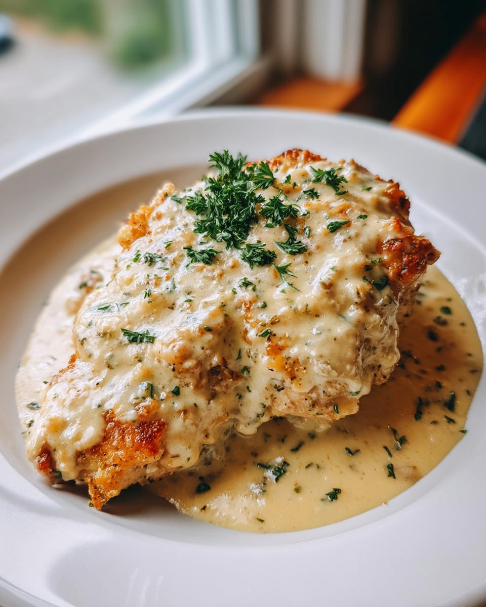 A perfectly cooked piece of chicken smothered in rich, creamy garlic sauce and topped with fresh parsley.