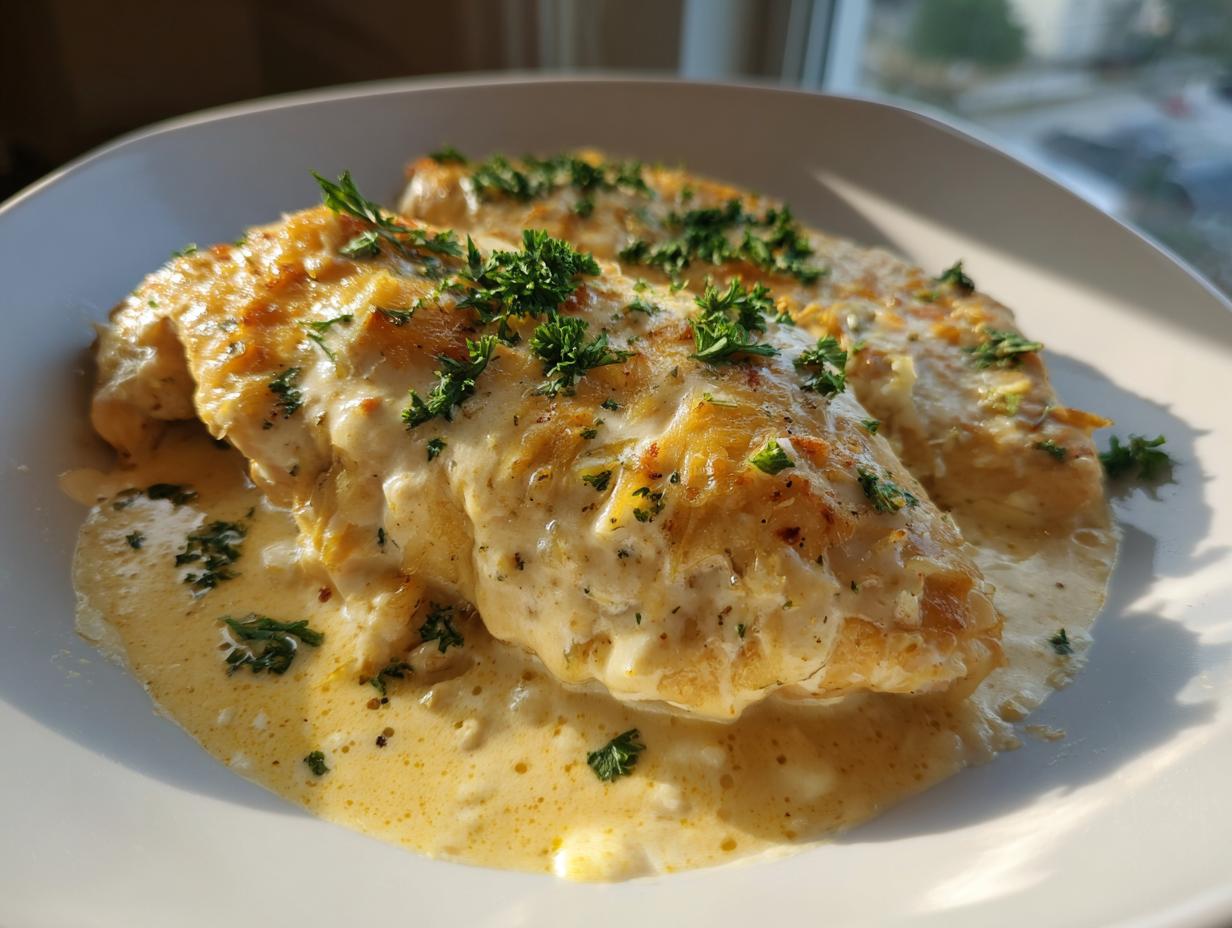 Two golden chicken breasts smothered in rich, creamy garlic sauce and topped with fresh parsley.
