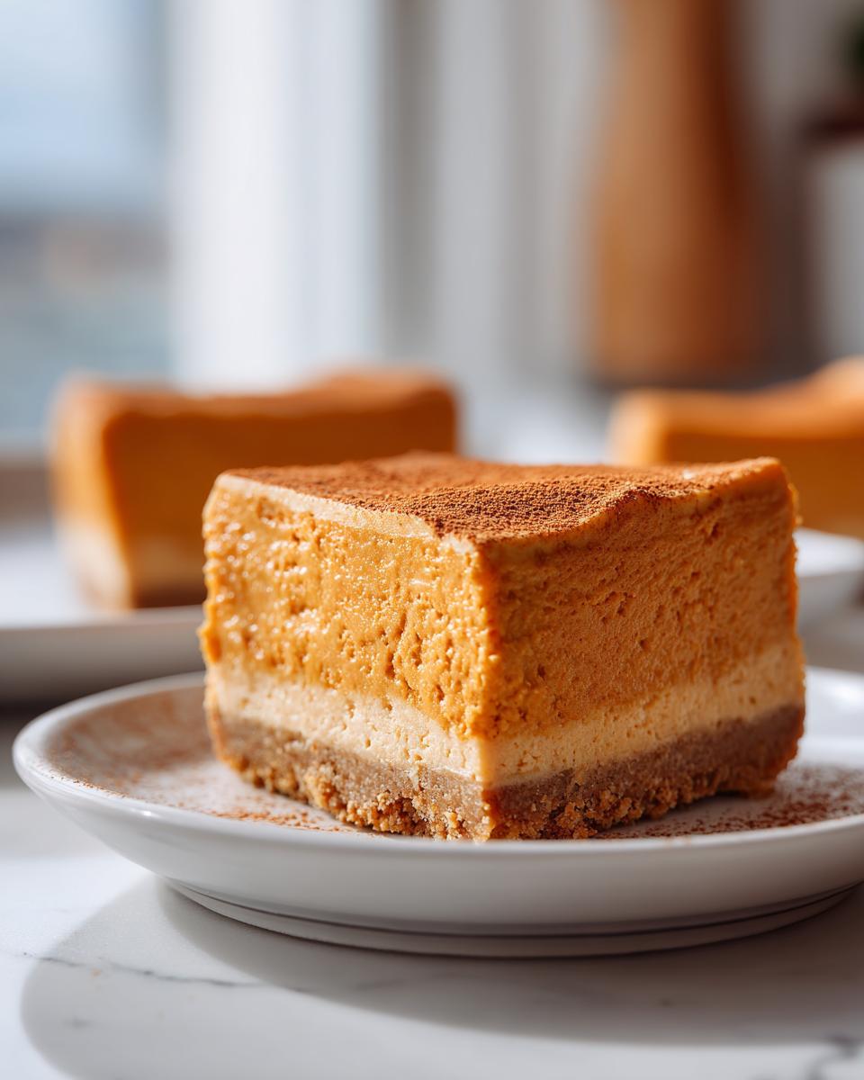 Close-up of a creamy, layered pumpkin cheesecake bar dusted with cocoa powder.