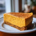 A thick slice of ultra creamy pumpkin cheesecake with a graham cracker crust, dusted with cinnamon.
