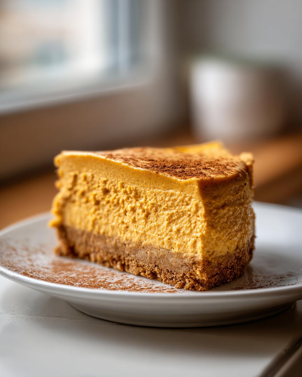 A thick slice of creamy pumpkin cheesecake with a graham cracker crust, dusted with cinnamon.