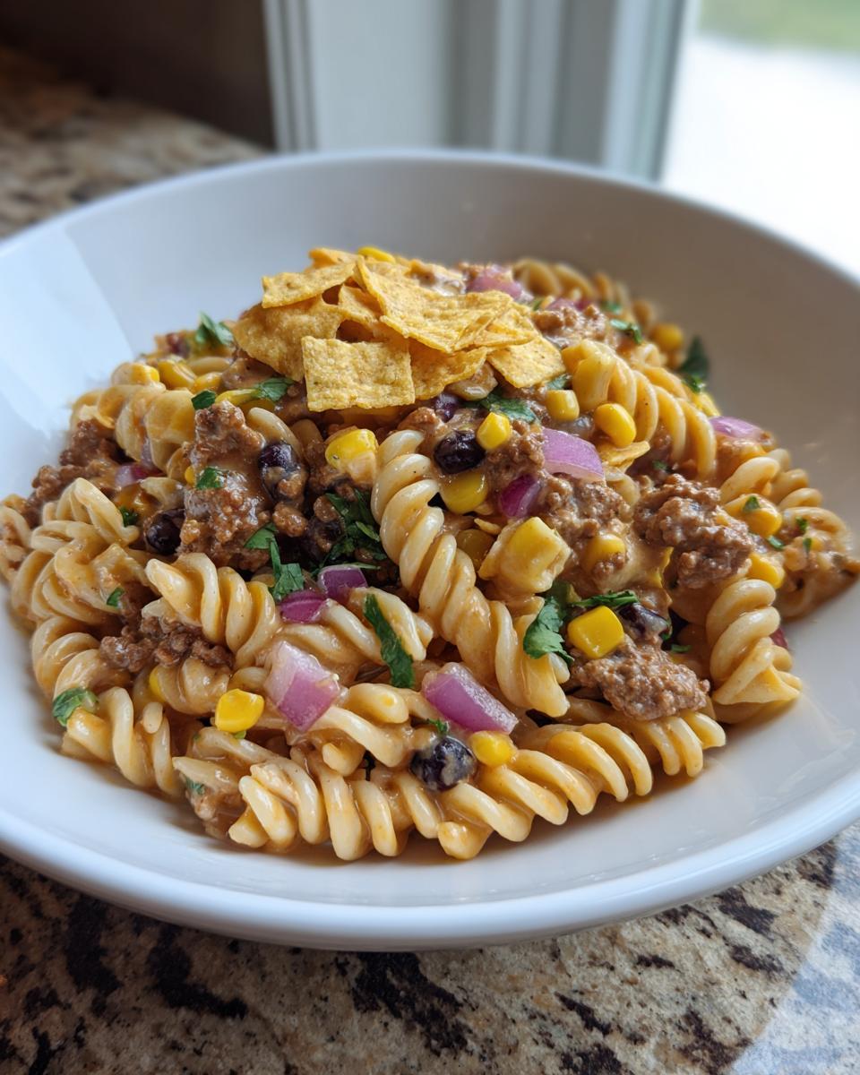 A close-up of a bowl filled with creamy taco pasta salad featuring rotini pasta, ground meat, corn, black beans, and red onion, topped with crushed tortilla chips.
