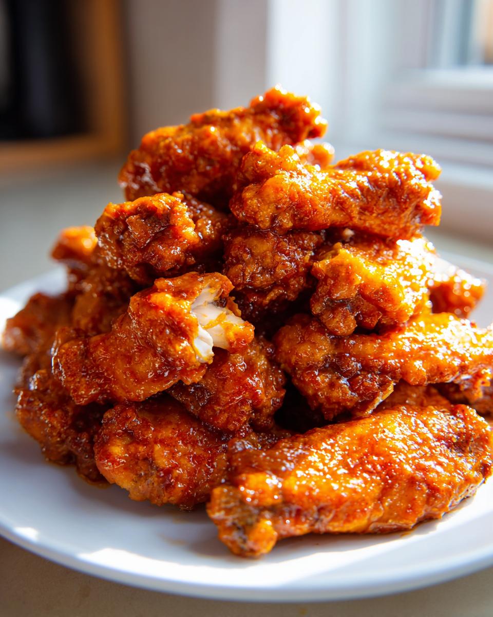 Close-up of a mound of glossy, orange-red buffalo wings recipe piled high on a white plate.