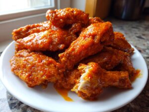 A pile of crispy, saucy buffalo wings recipe coated in bright orange hot sauce on a white plate.