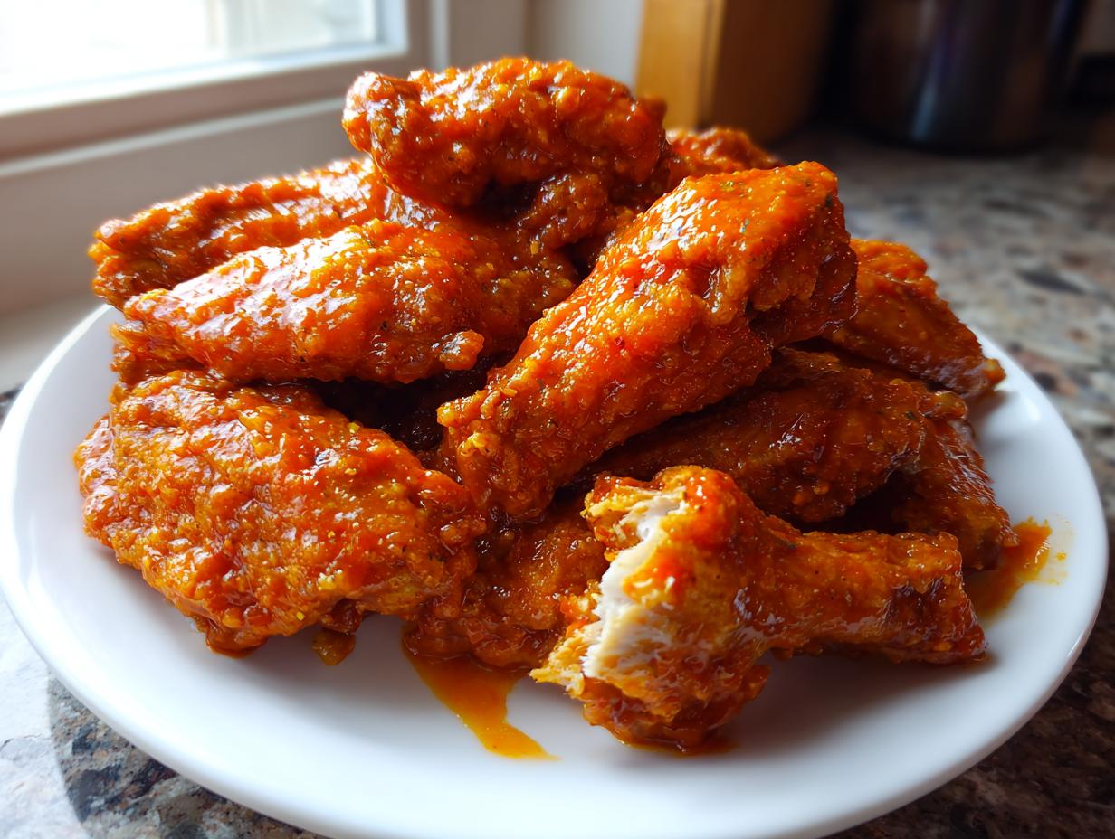 A pile of crispy, saucy buffalo wings recipe coated in bright orange hot sauce on a white plate.