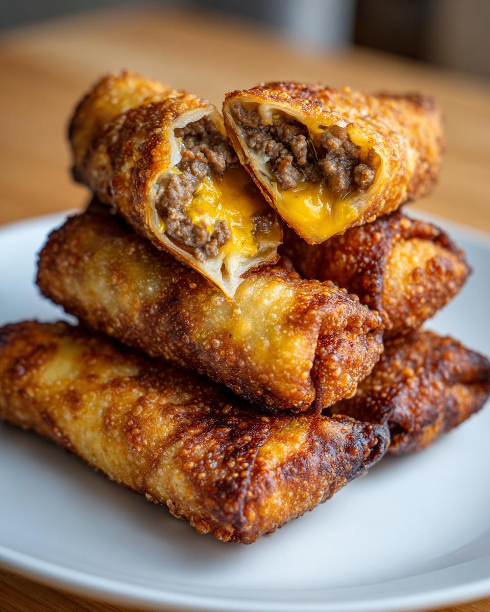A stack of golden brown, crispy cheeseburger egg rolls, one cut open showing seasoned ground beef and melted cheddar cheese.