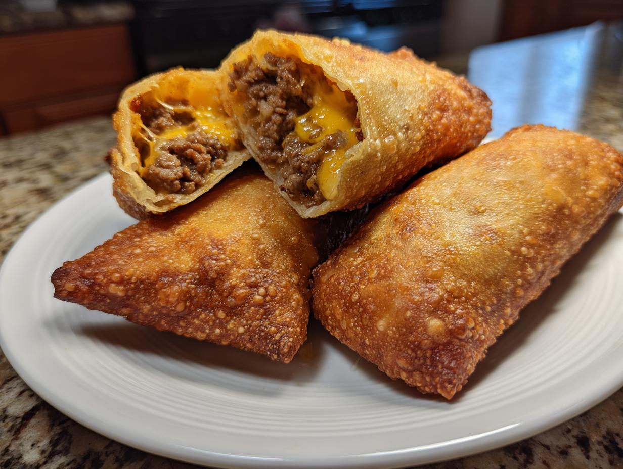 Four crispy, golden-brown cheeseburger egg rolls stacked on a white plate, one cut open showing seasoned ground beef and melted cheddar cheese.