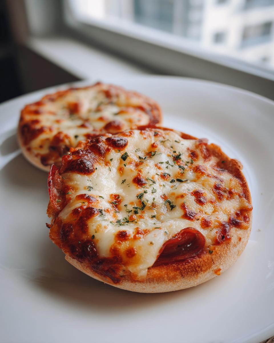 Two crispy English muffin pizza halves topped with melted, browned cheese and herbs on a white plate.