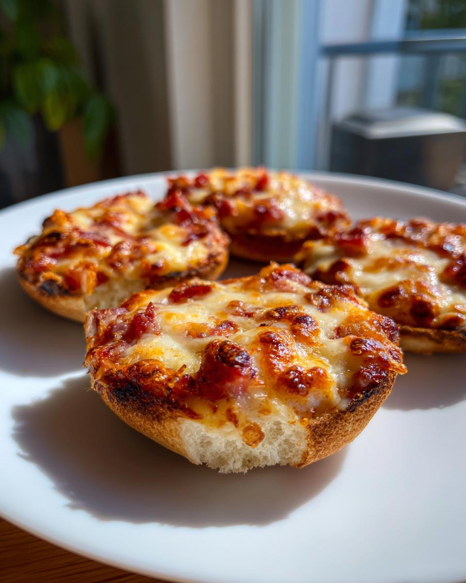 Four crispy English muffin pizza halves topped with melted, browned cheese and sauce, served on a white plate.