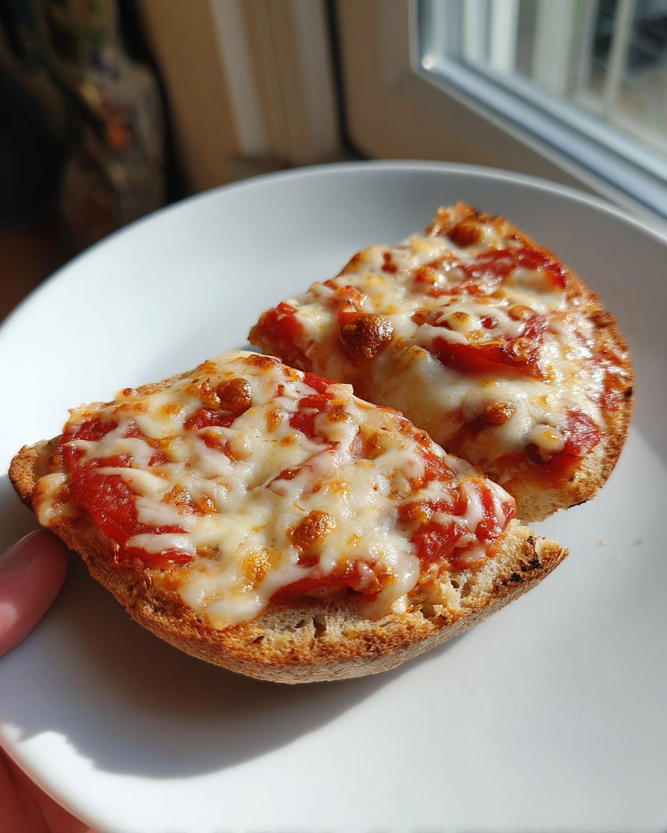 Two crispy halves of english muffin pizza topped with melted cheese and tomato sauce, held over a white plate.