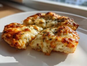 Three halves of crispy English muffin pizza topped with bubbly, browned mozzarella cheese and herbs.