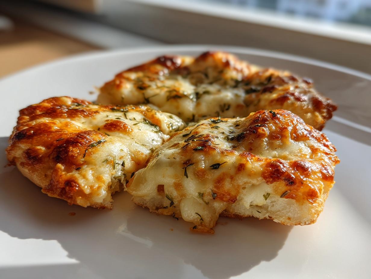 Three halves of crispy English muffin pizza topped with bubbly, browned mozzarella cheese and herbs.