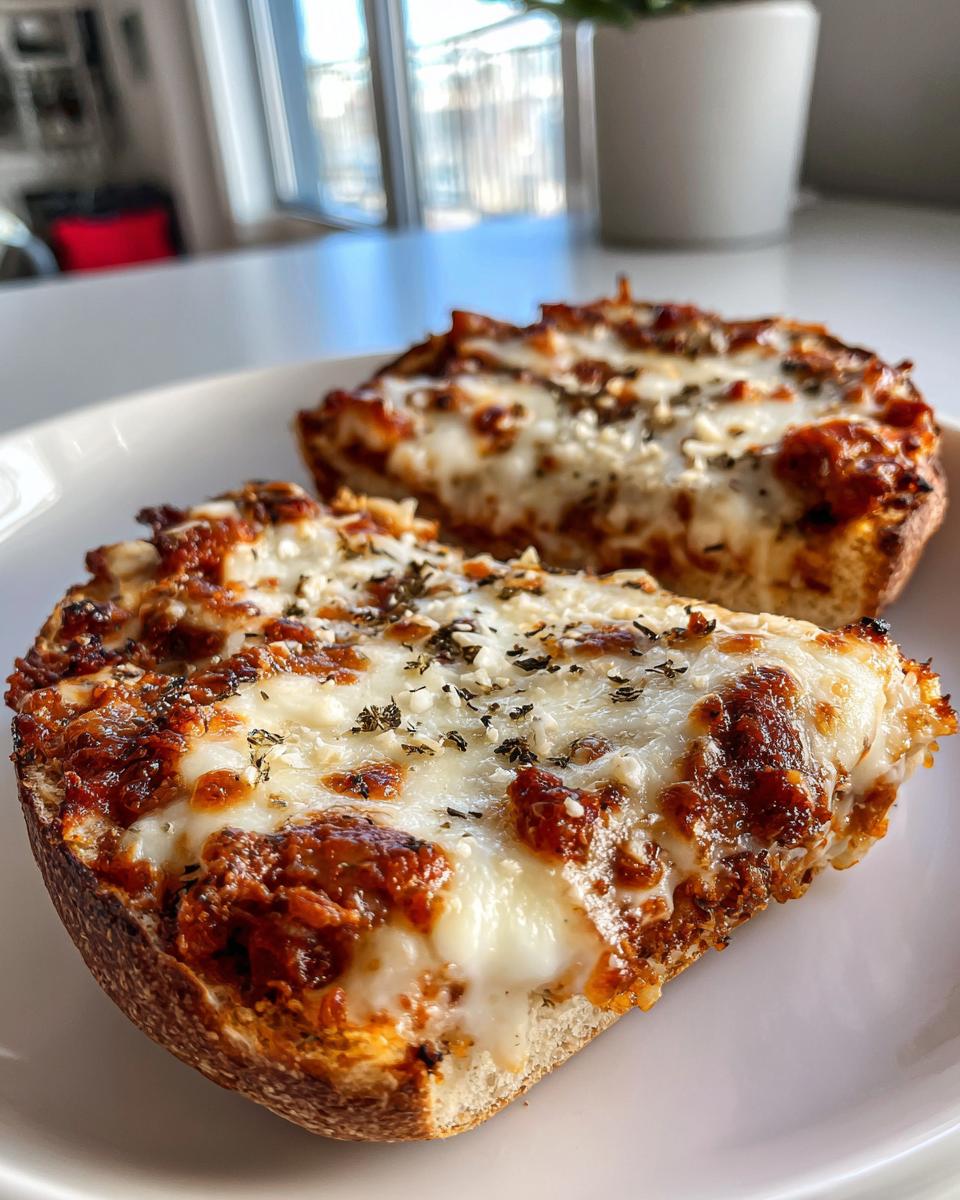 Two halves of a crispy English muffin pizza topped with rich tomato sauce and melted mozzarella cheese.