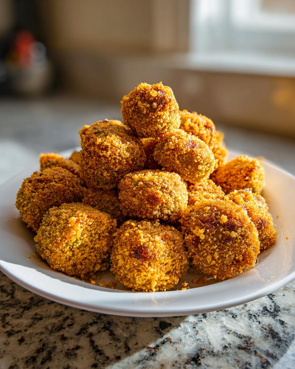 A pile of perfectly golden, crispy fried okra bites coated in cornmeal sits on a white plate.