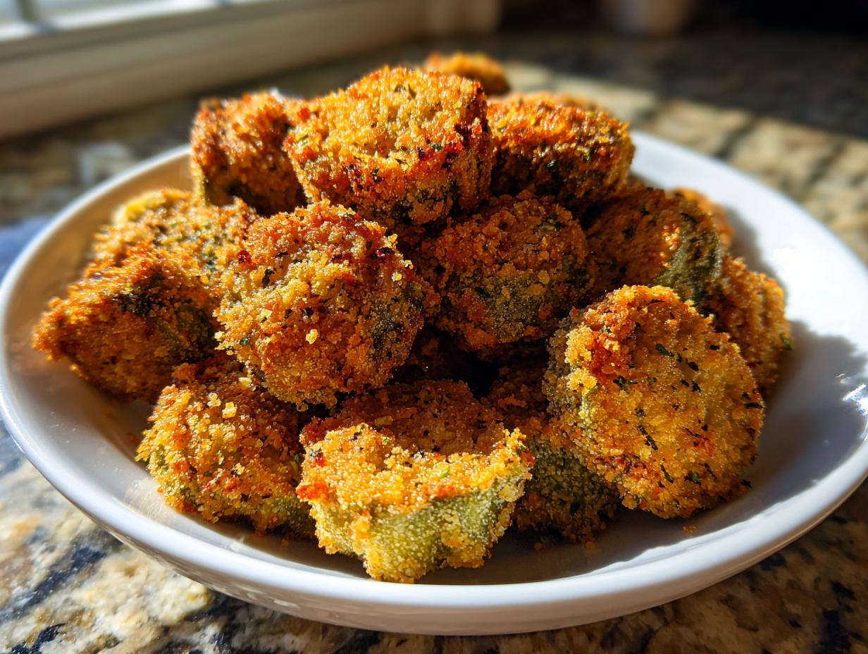 A close-up shot of a white bowl filled with golden brown, crispy fried okra slices.