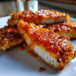 Close-up of crispy, sliced hot honey chicken coated in a glossy, orange-red glaze.