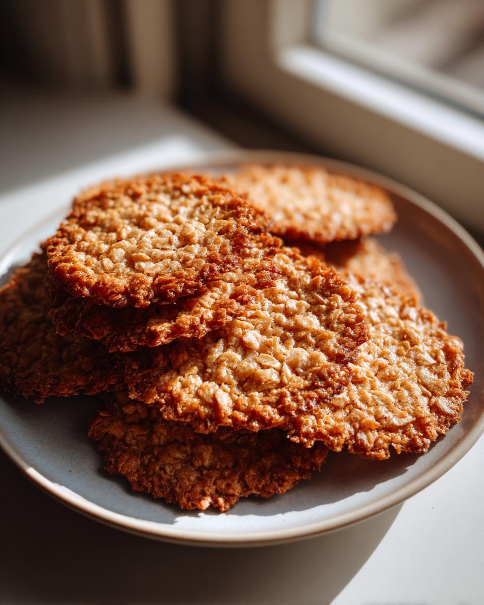 Close-up of several golden brown, crispy oatmeal lace cookies stacked on a light blue plate.