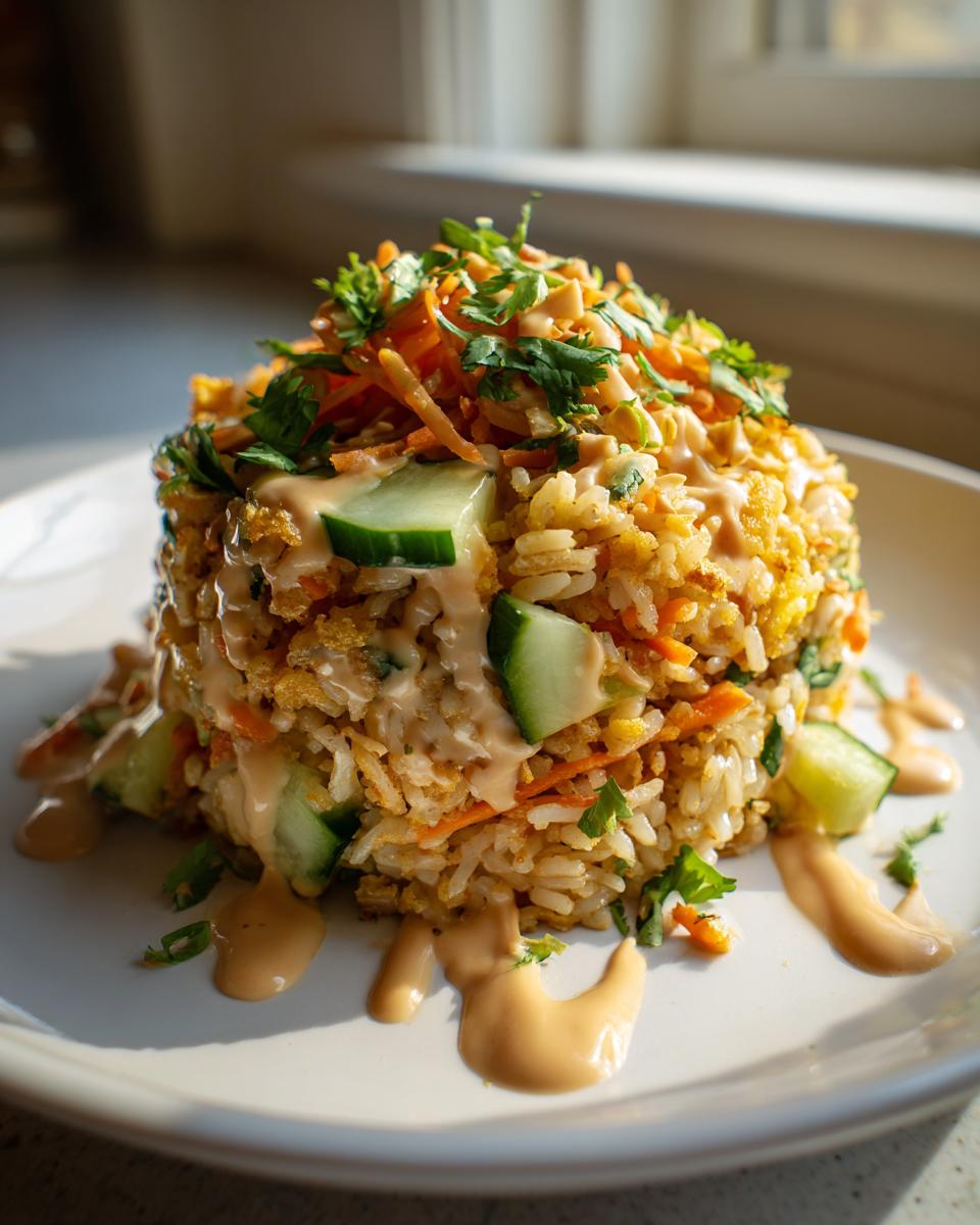 A molded tower of crispy rice salad topped with shredded carrots, cucumber, and cilantro, drizzled with a light orange sauce.