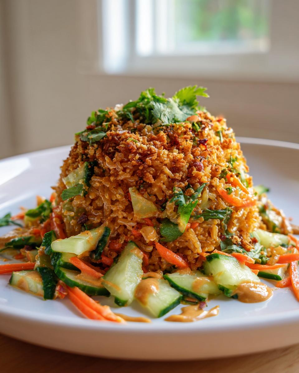 A molded mound of crispy rice salad topped with herbs, surrounded by sliced cucumbers and carrots.