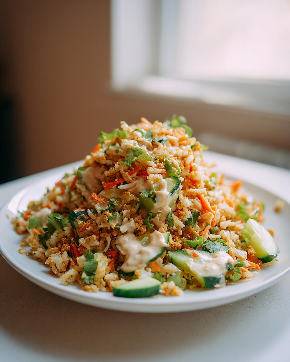 A mound of crispy rice salad mixed with shredded carrots, cucumbers, and drizzled with a creamy sauce.