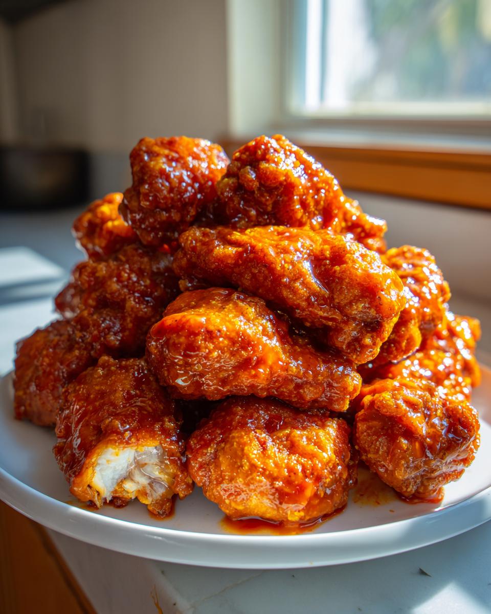 A tall stack of crispy, glazed buffalo wings recipe pieces piled high on a white plate.
