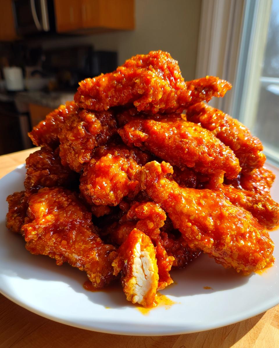 A large pile of crispy, saucy buffalo wings recipe pieces stacked high on a white plate, showing one piece cut open.