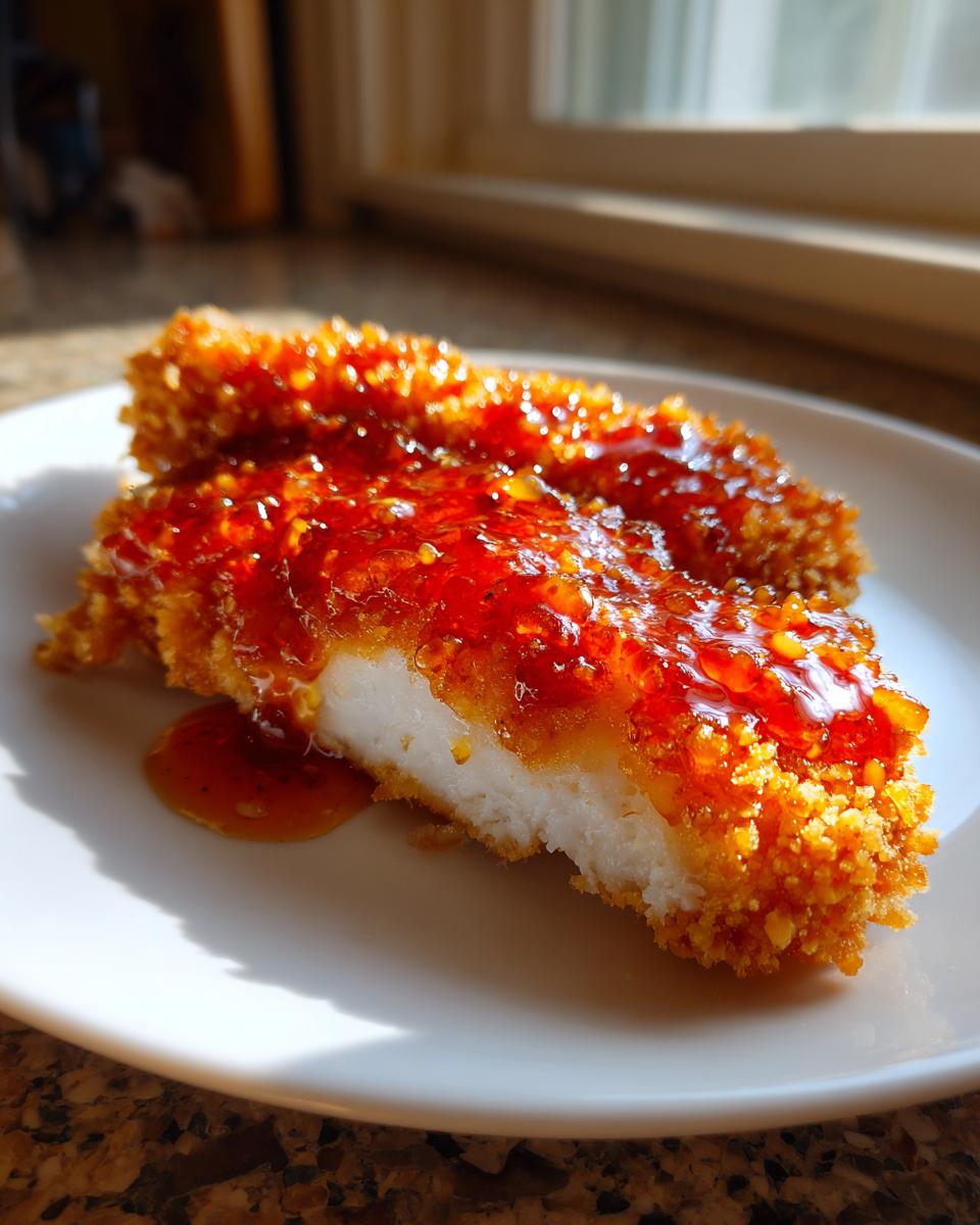 Two pieces of crispy fried hot honey chicken, cut to show the white interior and glossy red glaze.