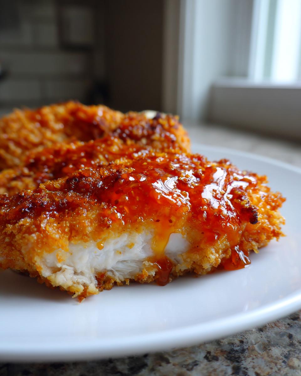 Close-up of a piece of crunchy, breaded hot honey chicken, showing the white interior and sticky orange glaze.