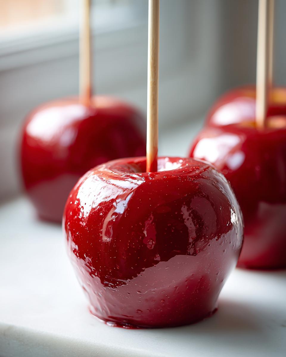 A close-up of a perfectly glossy red candy apple on a wooden stick, resting on a white surface.